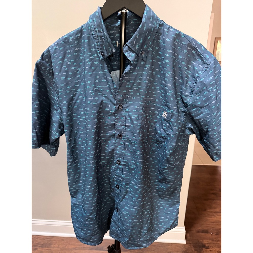 Huk Mens Performance Fishing Shirt Blue Fish Print Short Sleeve Button Down M‎